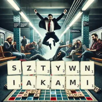 Kreatywna ilustracja do gry w Scrabble ze słowem SZTYWNIAKAMI ułożonym z płytek na planszy.