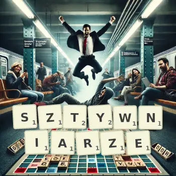 Kreatywna ilustracja do gry w Scrabble ze słowem SZTYWNIARZE ułożonym z płytek na planszy.