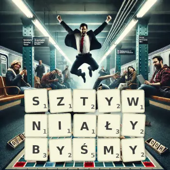 Kreatywna ilustracja do gry w Scrabble ze słowem SZTYWNIAŁYBYŚMY ułożonym z płytek na planszy.