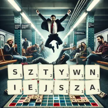 Kreatywna ilustracja do gry w Scrabble ze słowem SZTYWNIEJSZA ułożonym z płytek na planszy.