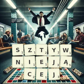 Kreatywna ilustracja do gry w Scrabble ze słowem SZTYWNIEJĄCEJ ułożonym z płytek na planszy.