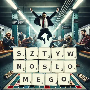 Kreatywna ilustracja do gry w Scrabble ze słowem SZTYWNOSŁOMEGO ułożonym z płytek na planszy.