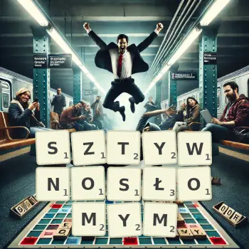 Kreatywna ilustracja do gry w Scrabble ze słowem SZTYWNOSŁOMYM ułożonym z płytek na planszy.
