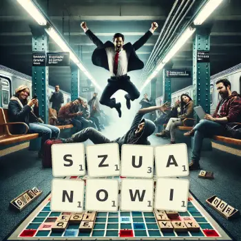 Kreatywna ilustracja do gry w Scrabble ze słowem SZUANOWI ułożonym z płytek na planszy.