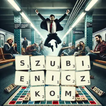 Kreatywna ilustracja do gry w Scrabble ze słowem SZUBIENICZKOM ułożonym z płytek na planszy.