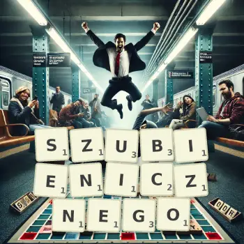 Kreatywna ilustracja do gry w Scrabble ze słowem SZUBIENICZNEGO ułożonym z płytek na planszy.