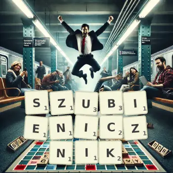 Kreatywna ilustracja do gry w Scrabble ze słowem SZUBIENICZNIK ułożonym z płytek na planszy.