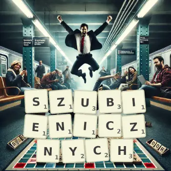 Kreatywna ilustracja do gry w Scrabble ze słowem SZUBIENICZNYCH ułożonym z płytek na planszy.