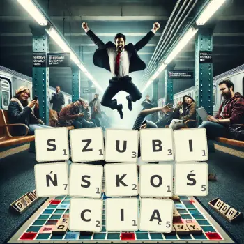 Kreatywna ilustracja do gry w Scrabble ze słowem SZUBIŃSKOŚCIĄ ułożonym z płytek na planszy.