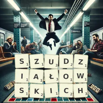Kreatywna ilustracja do gry w Scrabble ze słowem SZUDZIAŁOWSKICH ułożonym z płytek na planszy.