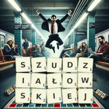 Kreatywna ilustracja do gry w Scrabble ze słowem SZUDZIAŁOWSKIEJ ułożonym z płytek na planszy.