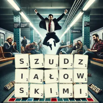 Kreatywna ilustracja do gry w Scrabble ze słowem SZUDZIAŁOWSKIMI ułożonym z płytek na planszy.