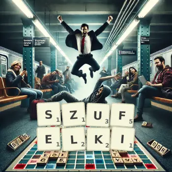 Kreatywna ilustracja do gry w Scrabble ze słowem SZUFELKI ułożonym z płytek na planszy.