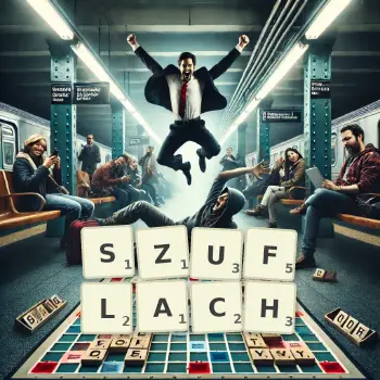 Kreatywna ilustracja do gry w Scrabble ze słowem SZUFLACH ułożonym z płytek na planszy.