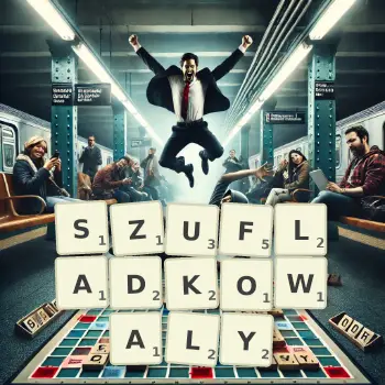 Kreatywna ilustracja do gry w Scrabble ze słowem SZUFLADKOWALY ułożonym z płytek na planszy.