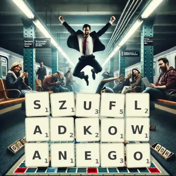 Kreatywna ilustracja do gry w Scrabble ze słowem SZUFLADKOWANEGO ułożonym z płytek na planszy.