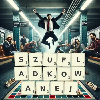 Kreatywna ilustracja do gry w Scrabble ze słowem SZUFLADKOWANEJ ułożonym z płytek na planszy.