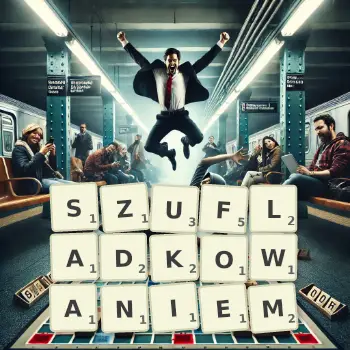 Kreatywna ilustracja do gry w Scrabble ze słowem SZUFLADKOWANIEM ułożonym z płytek na planszy.