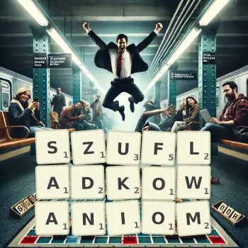 Kreatywna ilustracja do gry w Scrabble ze słowem SZUFLADKOWANIOM ułożonym z płytek na planszy.