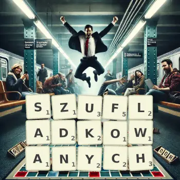 Kreatywna ilustracja do gry w Scrabble ze słowem SZUFLADKOWANYCH ułożonym z płytek na planszy.