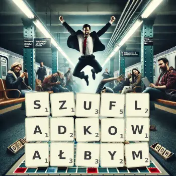 Kreatywna ilustracja do gry w Scrabble ze słowem SZUFLADKOWAŁBYM ułożonym z płytek na planszy.