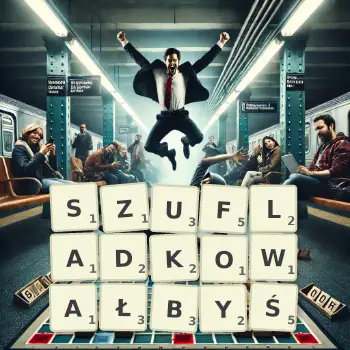Kreatywna ilustracja do gry w Scrabble ze słowem SZUFLADKOWAŁBYŚ ułożonym z płytek na planszy.