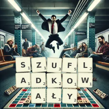 Kreatywna ilustracja do gry w Scrabble ze słowem SZUFLADKOWAŁY ułożonym z płytek na planszy.