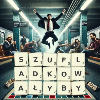 Kreatywna ilustracja do gry w Scrabble ze słowem SZUFLADKOWAŁYBY ułożonym z płytek na planszy.