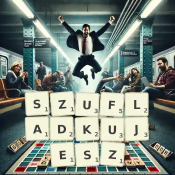 Kreatywna ilustracja do gry w Scrabble ze słowem SZUFLADKUJESZ ułożonym z płytek na planszy.