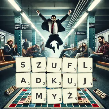 Kreatywna ilustracja do gry w Scrabble ze słowem SZUFLADKUJMYŻ ułożonym z płytek na planszy.