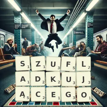 Kreatywna ilustracja do gry w Scrabble ze słowem SZUFLADKUJĄCEGO ułożonym z płytek na planszy.