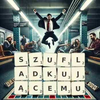 Kreatywna ilustracja do gry w Scrabble ze słowem SZUFLADKUJĄCEMU ułożonym z płytek na planszy.