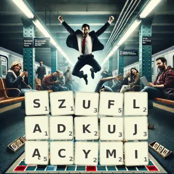 Kreatywna ilustracja do gry w Scrabble ze słowem SZUFLADKUJĄCYMI ułożonym z płytek na planszy.