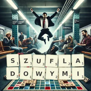 Kreatywna ilustracja do gry w Scrabble ze słowem SZUFLADOWYMI ułożonym z płytek na planszy.