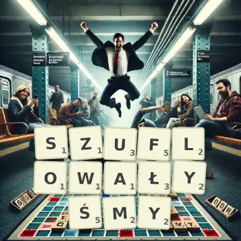 Kreatywna ilustracja do gry w Scrabble ze słowem SZUFLOWAŁYŚMY ułożonym z płytek na planszy.