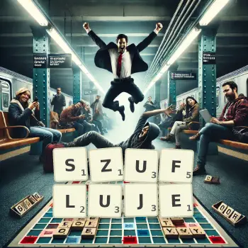 Kreatywna ilustracja do gry w Scrabble ze słowem SZUFLUJE ułożonym z płytek na planszy.