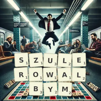 Kreatywna ilustracja do gry w Scrabble ze słowem SZULEROWALBYM ułożonym z płytek na planszy.