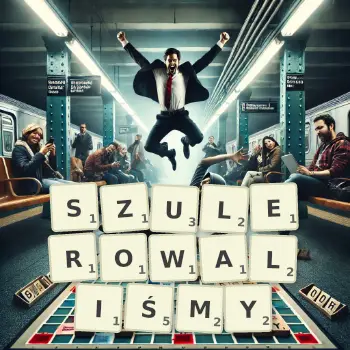 Kreatywna ilustracja do gry w Scrabble ze słowem SZULEROWALIŚMY ułożonym z płytek na planszy.