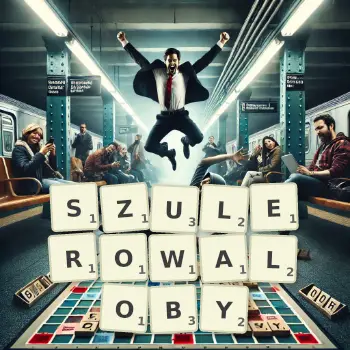 Kreatywna ilustracja do gry w Scrabble ze słowem SZULEROWALOBY ułożonym z płytek na planszy.