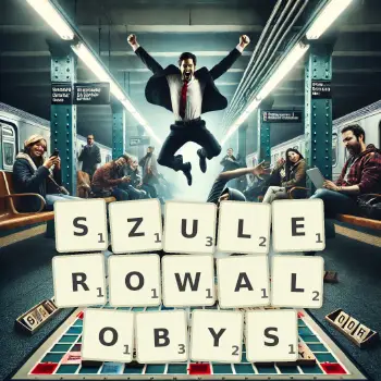 Kreatywna ilustracja do gry w Scrabble ze słowem SZULEROWALOBYS ułożonym z płytek na planszy.