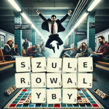 Kreatywna ilustracja do gry w Scrabble ze słowem SZULEROWALYBY ułożonym z płytek na planszy.