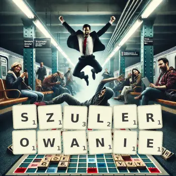 Kreatywna ilustracja do gry w Scrabble ze słowem SZULEROWANIE ułożonym z płytek na planszy.
