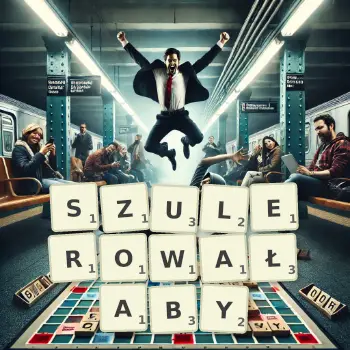 Kreatywna ilustracja do gry w Scrabble ze słowem SZULEROWAŁABY ułożonym z płytek na planszy.