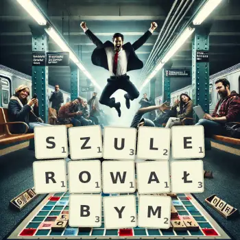 Kreatywna ilustracja do gry w Scrabble ze słowem SZULEROWAŁBYM ułożonym z płytek na planszy.