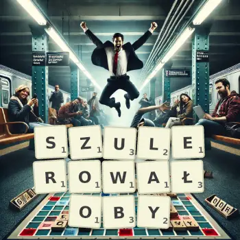 Kreatywna ilustracja do gry w Scrabble ze słowem SZULEROWAŁOBY ułożonym z płytek na planszy.