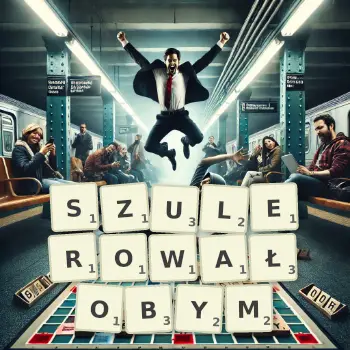 Kreatywna ilustracja do gry w Scrabble ze słowem SZULEROWAŁOBYM ułożonym z płytek na planszy.