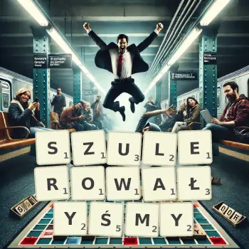Kreatywna ilustracja do gry w Scrabble ze słowem SZULEROWAŁYŚMY ułożonym z płytek na planszy.