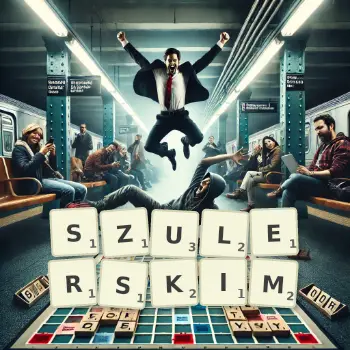 Kreatywna ilustracja do gry w Scrabble ze słowem SZULERSKIM ułożonym z płytek na planszy.