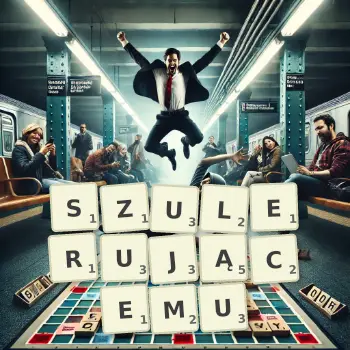 Kreatywna ilustracja do gry w Scrabble ze słowem SZULERUJĄCEMU ułożonym z płytek na planszy.