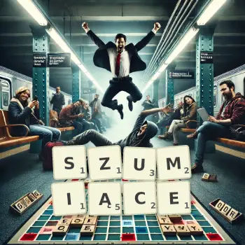 Kreatywna ilustracja do gry w Scrabble ze słowem SZUMIĄCE ułożonym z płytek na planszy.